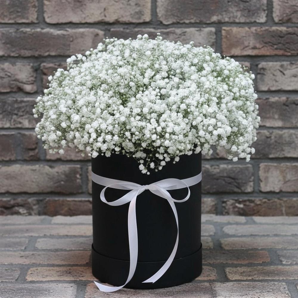 Цветочная композиция из Гипсофила в шляпной коробке в Красногородске