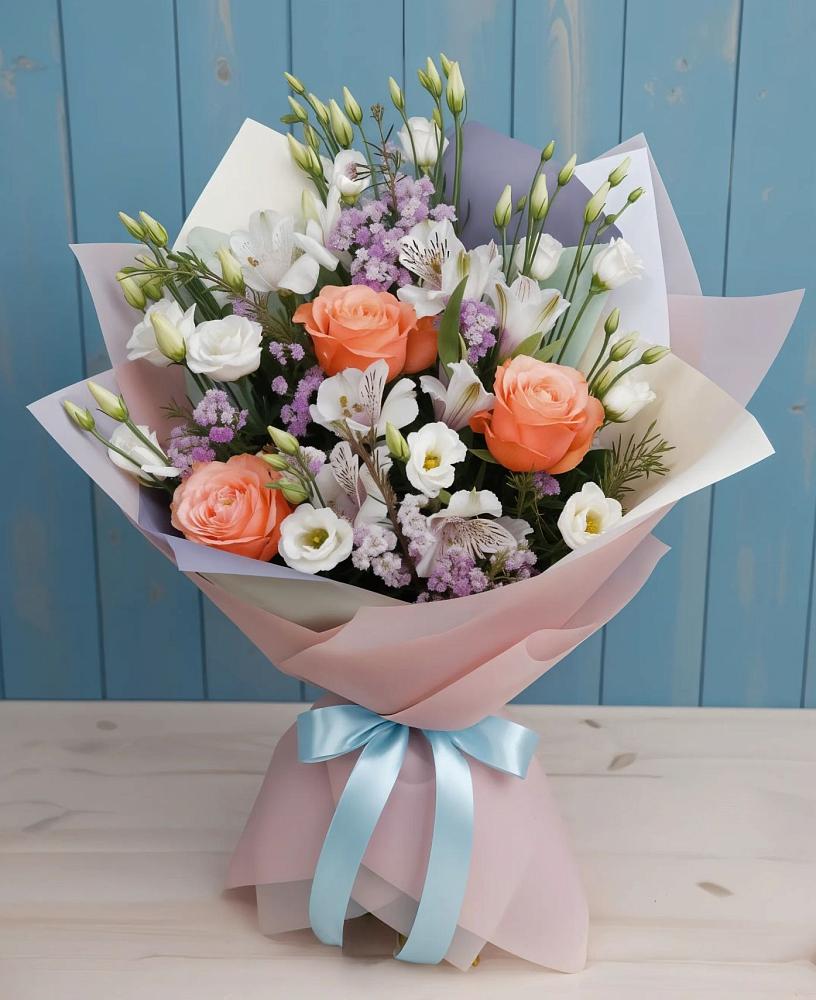 Букет цветов из: Лизиантусы, Розы, Альстромерии и Гипсофила в Красногородске